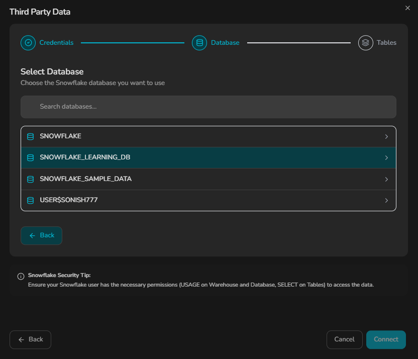 Select a Snowflake database