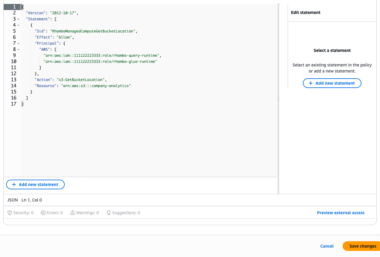 Add the generated Rhombus AI statements in the AWS bucket-policy editor