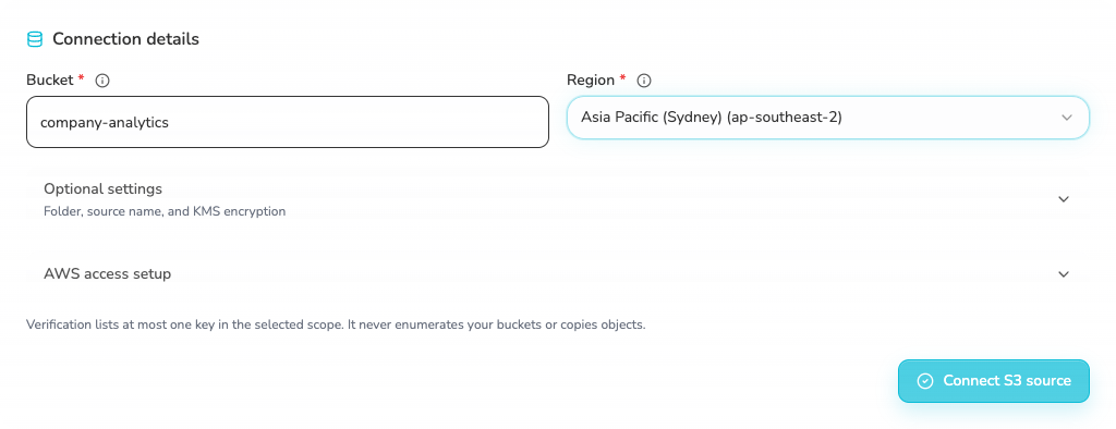 Enter the Amazon S3 bucket and Region in Rhombus AI