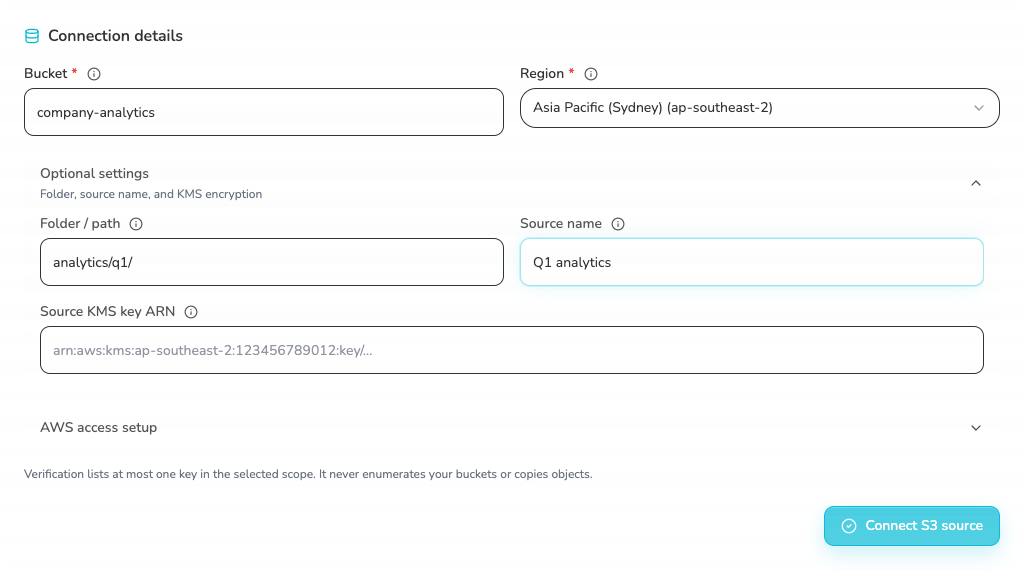 Configure optional Amazon S3 source settings